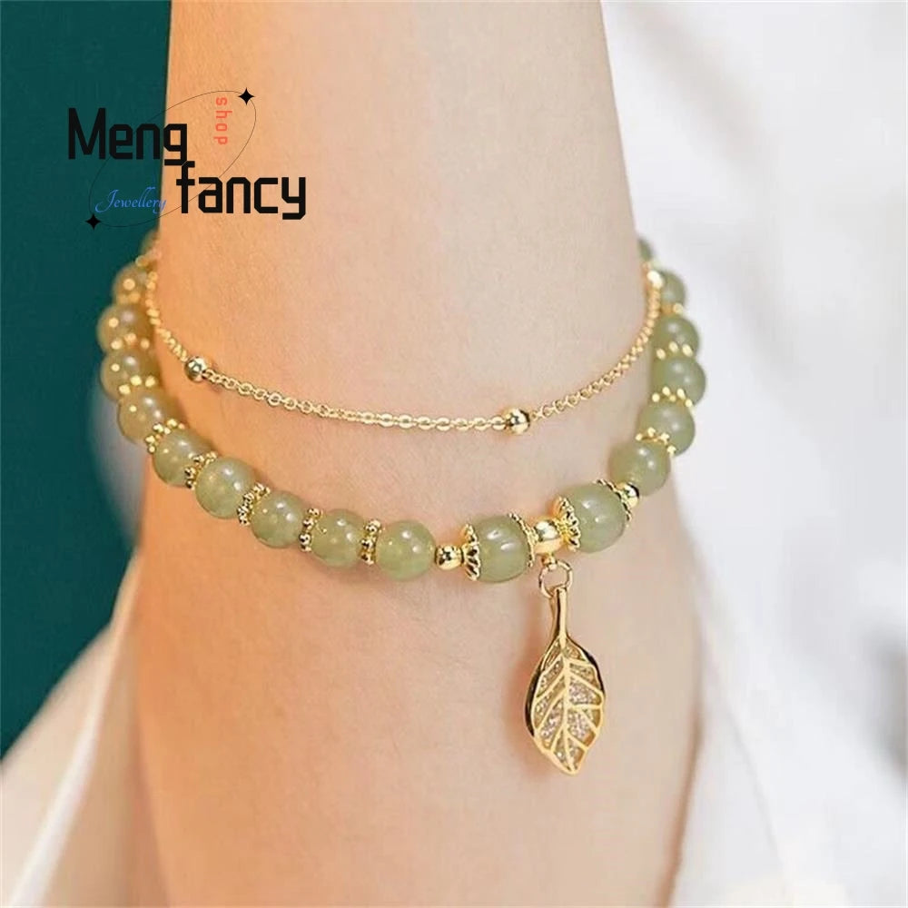 Natural Hetian Jasper Golden Branch Jade Leaves Bracelet