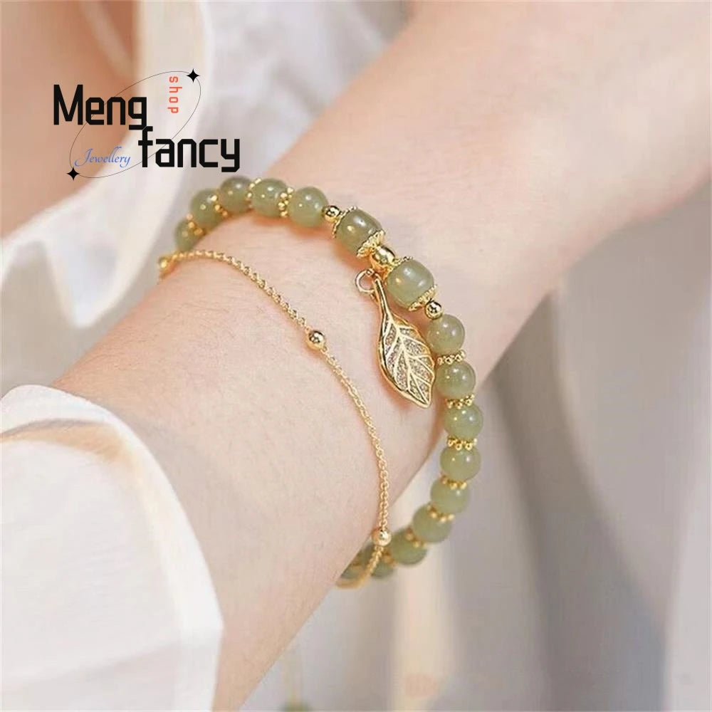 Natural Hetian Jasper Golden Branch Jade Leaves Bracelet