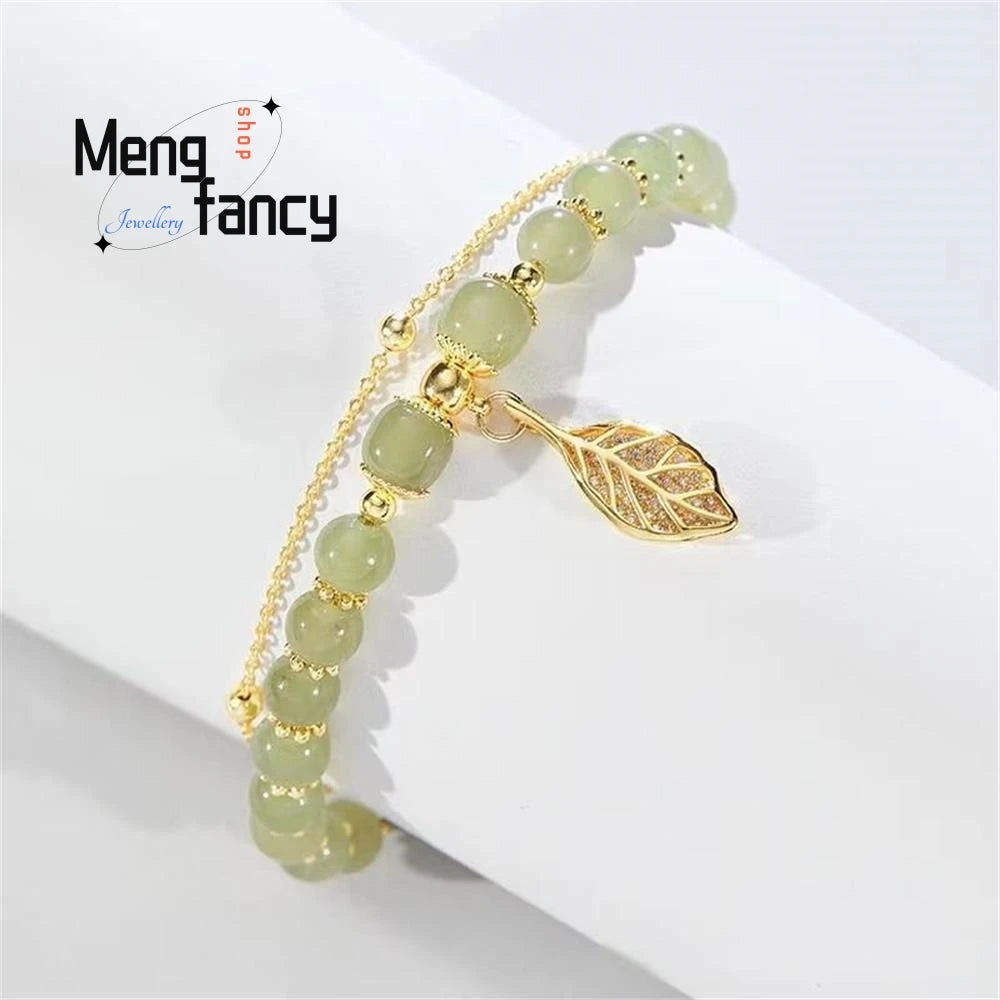 Natural Hetian Jasper Golden Branch Jade Leaves Bracelet