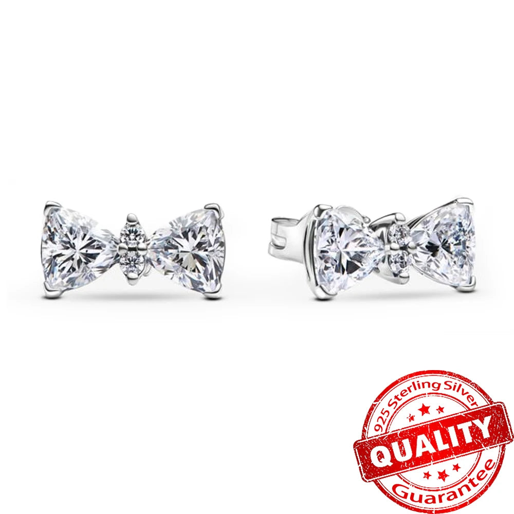 Original 925 Sterling Silver Zircon Pink Shining Bow Set Ring Earrings Bracelets Necklace