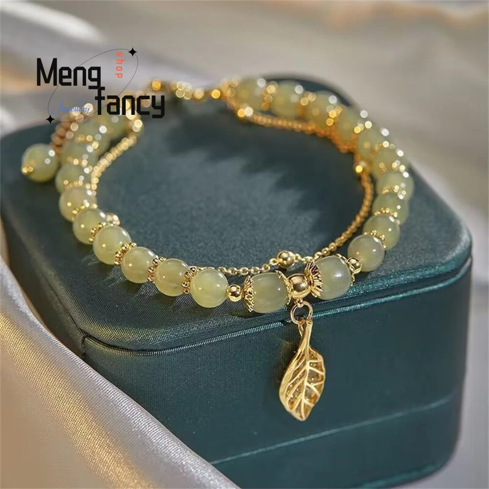Natural Hetian Jasper Golden Branch Jade Leaves Bracelet