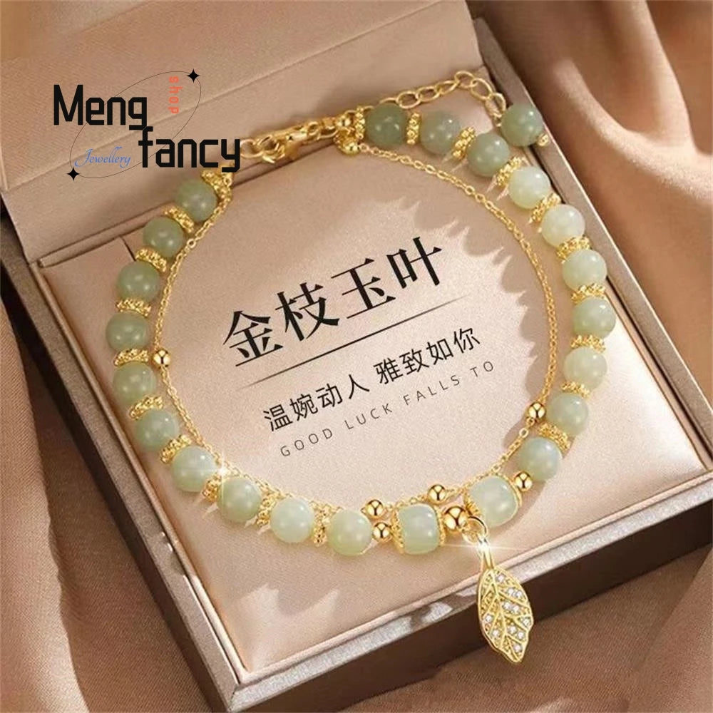 Natural Hetian Jasper Golden Branch Jade Leaves Bracelet