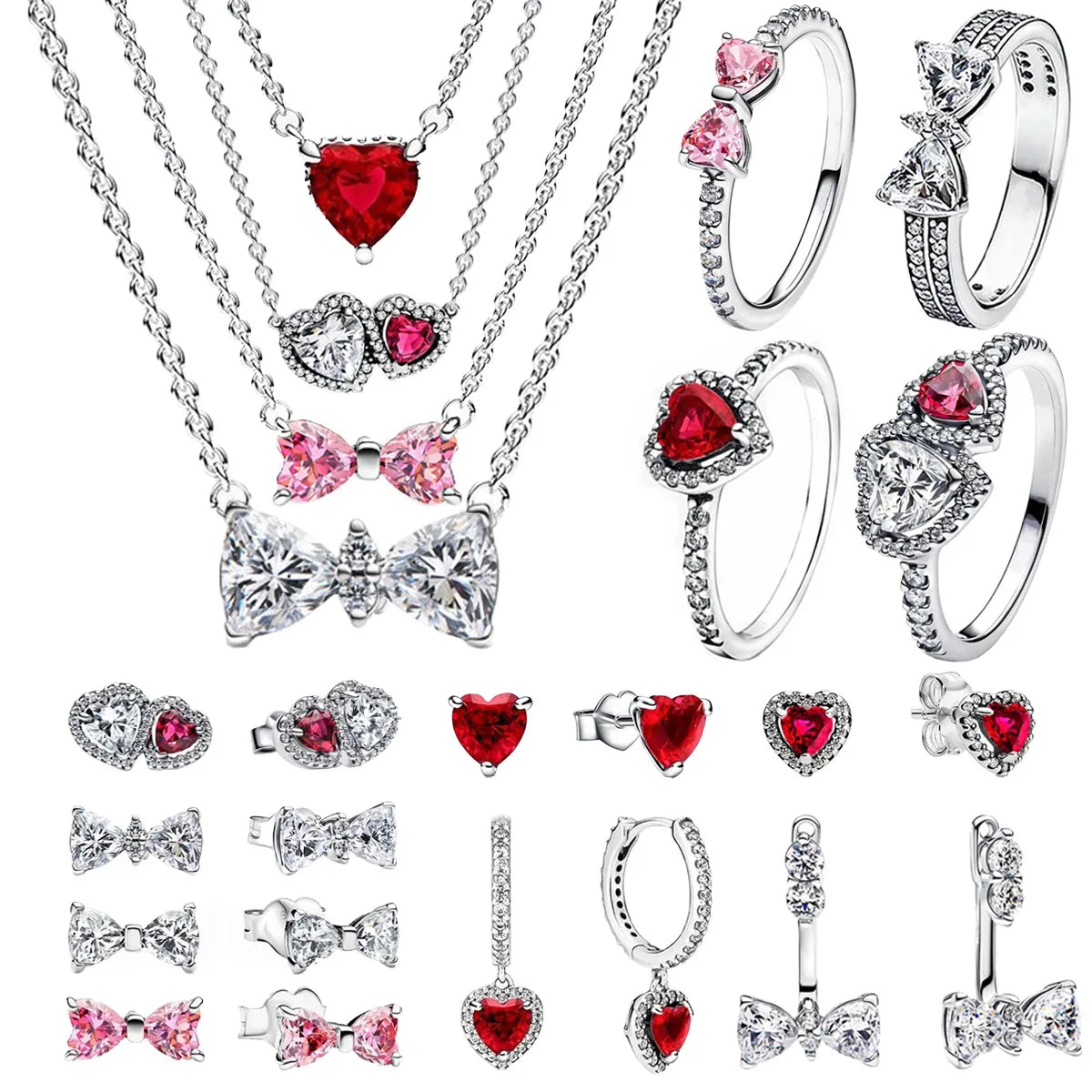 Original 925 Sterling Silver Zircon Pink Shining Bow Set Ring Earrings Bracelets Necklace