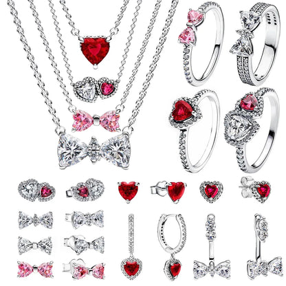 Original 925 Sterling Silver Zircon Pink Shining Bow Set Ring Earrings Bracelets Necklace
