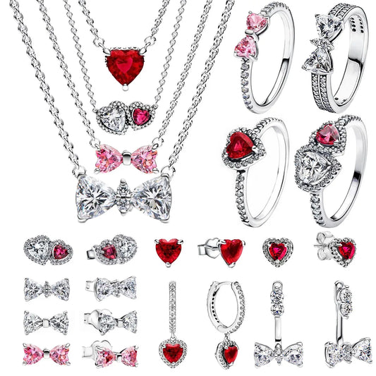 Original 925 Sterling Silver Zircon Pink Shining Bow Set Ring Earrings Bracelets Necklace