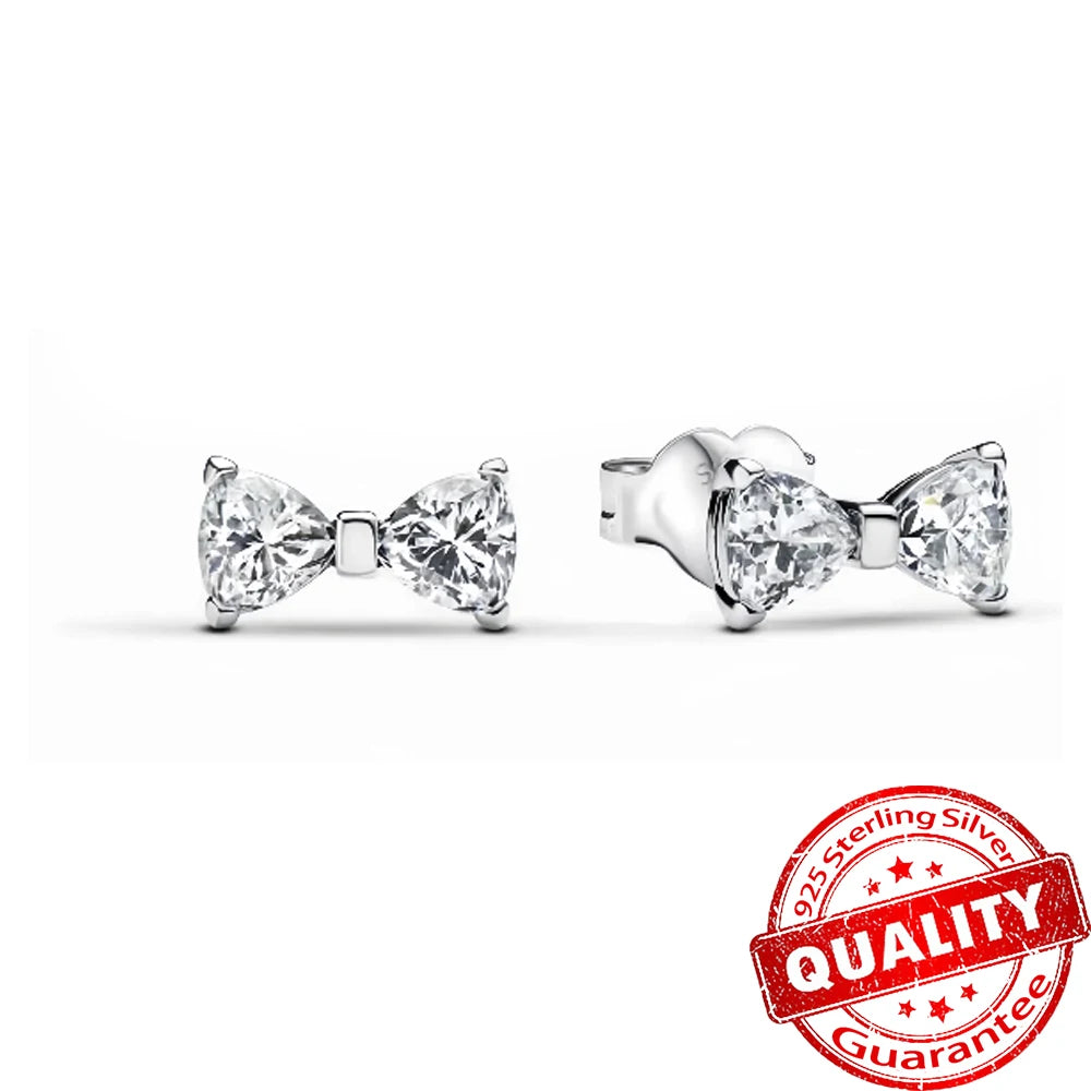 Original 925 Sterling Silver Zircon Pink Shining Bow Set Ring Earrings Bracelets Necklace