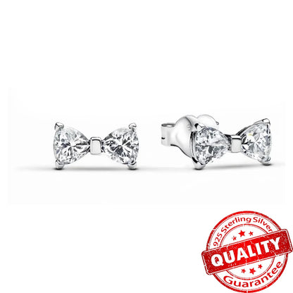Original 925 Sterling Silver Zircon Pink Shining Bow Set Ring Earrings Bracelets Necklace