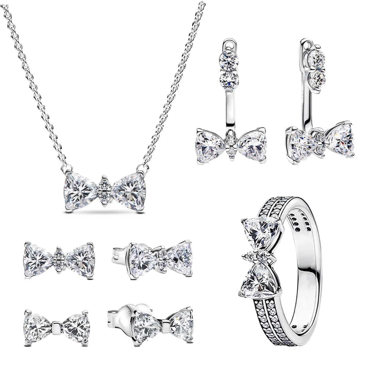 Original 925 Sterling Silver Zircon Pink Shining Bow Set Ring Earrings Bracelets Necklace
