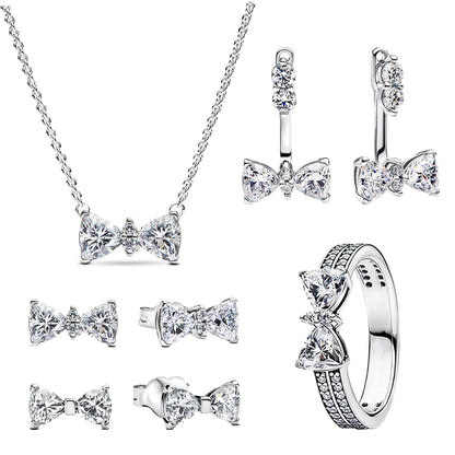 Original 925 Sterling Silver Zircon Pink Shining Bow Set Ring Earrings Bracelets Necklace