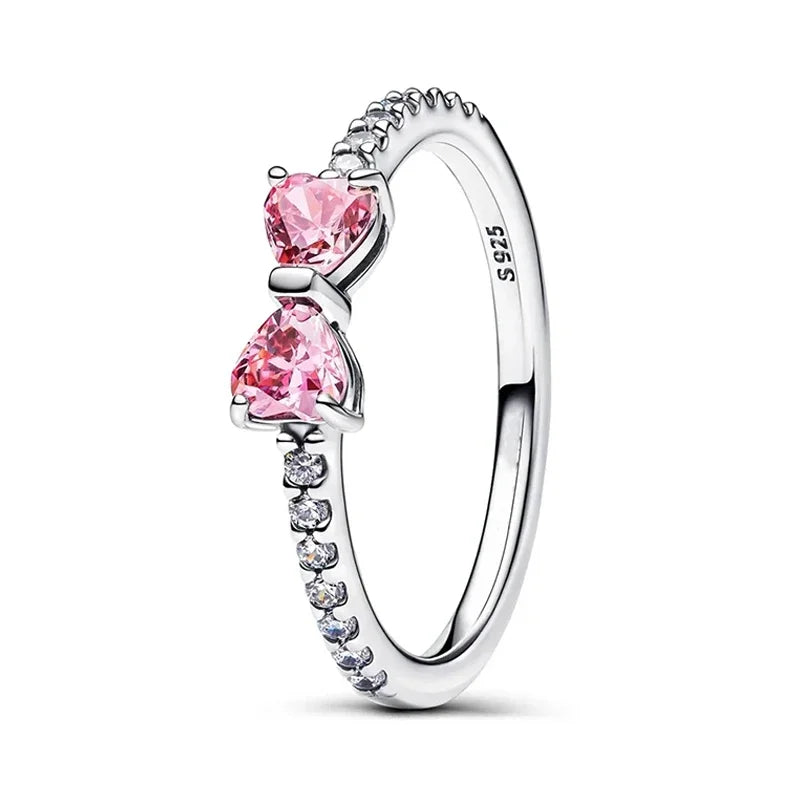 Original 925 Sterling Silver Zircon Pink Shining Bow Set Ring Earrings Bracelets Necklace