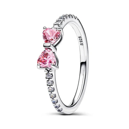 Original 925 Sterling Silver Zircon Pink Shining Bow Set Ring Earrings Bracelets Necklace