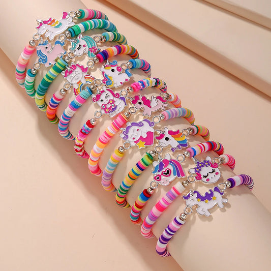 12Pcs/set Unicorn Cat Flower Charm Elastic Handmade Beaded Bracelets