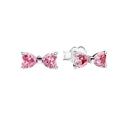 Original 925 Sterling Silver Zircon Pink Shining Bow Set Ring Earrings Bracelets Necklace
