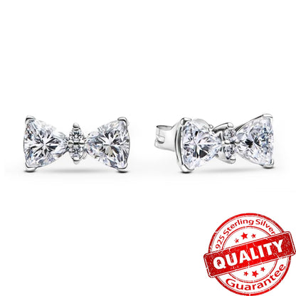 Original 925 Sterling Silver Zircon Pink Shining Bow Set Ring Earrings Bracelets Necklace