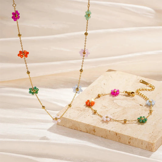 Gold-colorful Stainless Necklace Bracelet Set