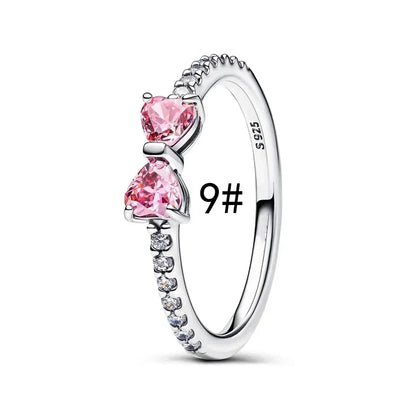 Original 925 Sterling Silver Zircon Pink Shining Bow Set Ring Earrings Bracelets Necklace