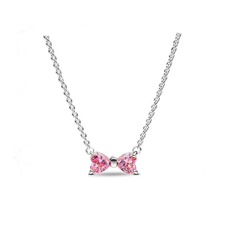 Original 925 Sterling Silver Zircon Pink Shining Bow Set Ring Earrings Bracelets Necklace
