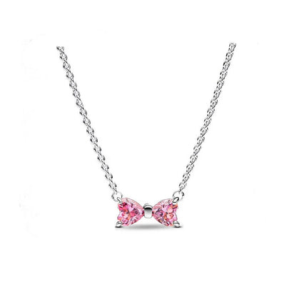 Original 925 Sterling Silver Zircon Pink Shining Bow Set Ring Earrings Bracelets Necklace