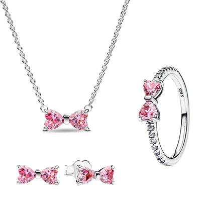 Original 925 Sterling Silver Zircon Pink Shining Bow Set Ring Earrings Bracelets Necklace