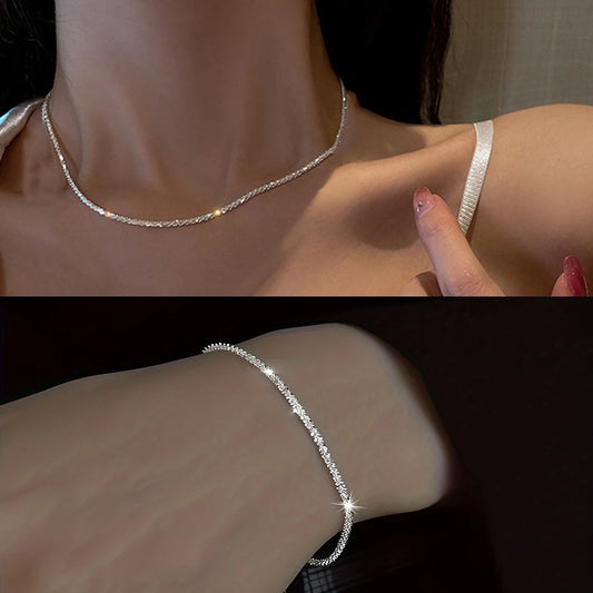 Shiny Sparkling Silver Chain Necklace Bracelet