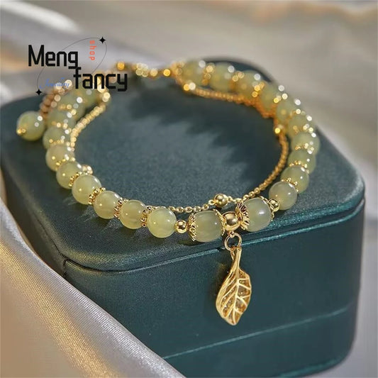 Natural Hetian Jasper Golden Branch Jade Leaves Bracelet