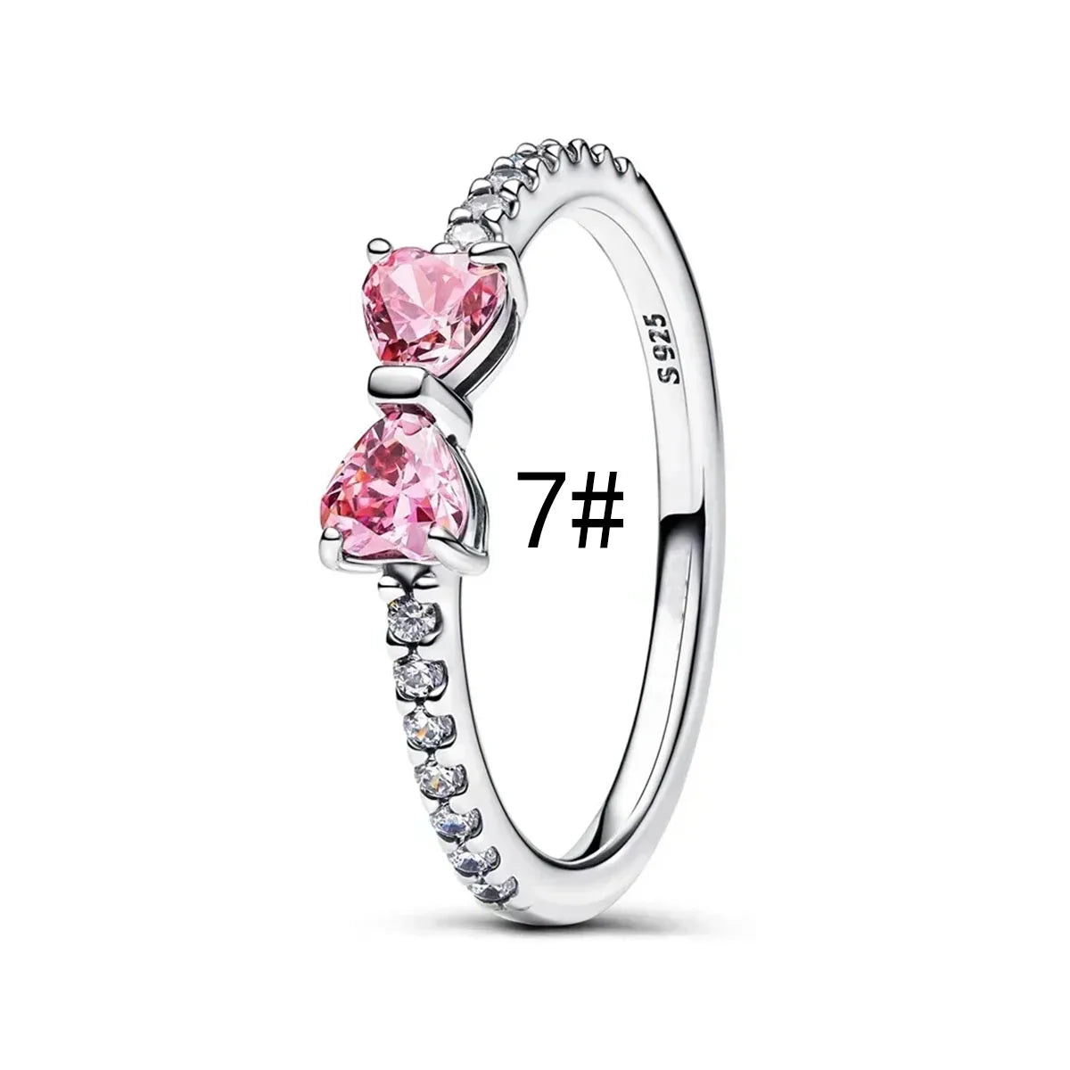 Original 925 Sterling Silver Zircon Pink Shining Bow Set Ring Earrings Bracelets Necklace