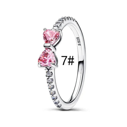 Original 925 Sterling Silver Zircon Pink Shining Bow Set Ring Earrings Bracelets Necklace
