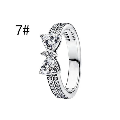 Original 925 Sterling Silver Zircon Pink Shining Bow Set Ring Earrings Bracelets Necklace