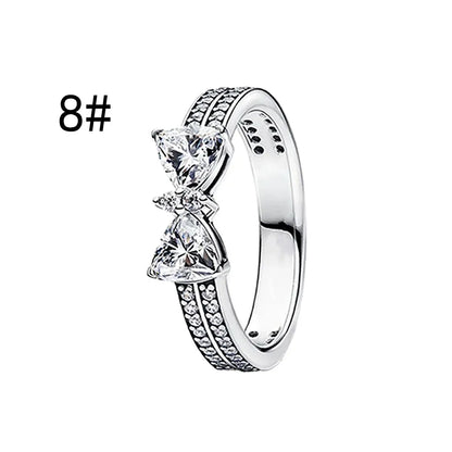 Original 925 Sterling Silver Zircon Pink Shining Bow Set Ring Earrings Bracelets Necklace